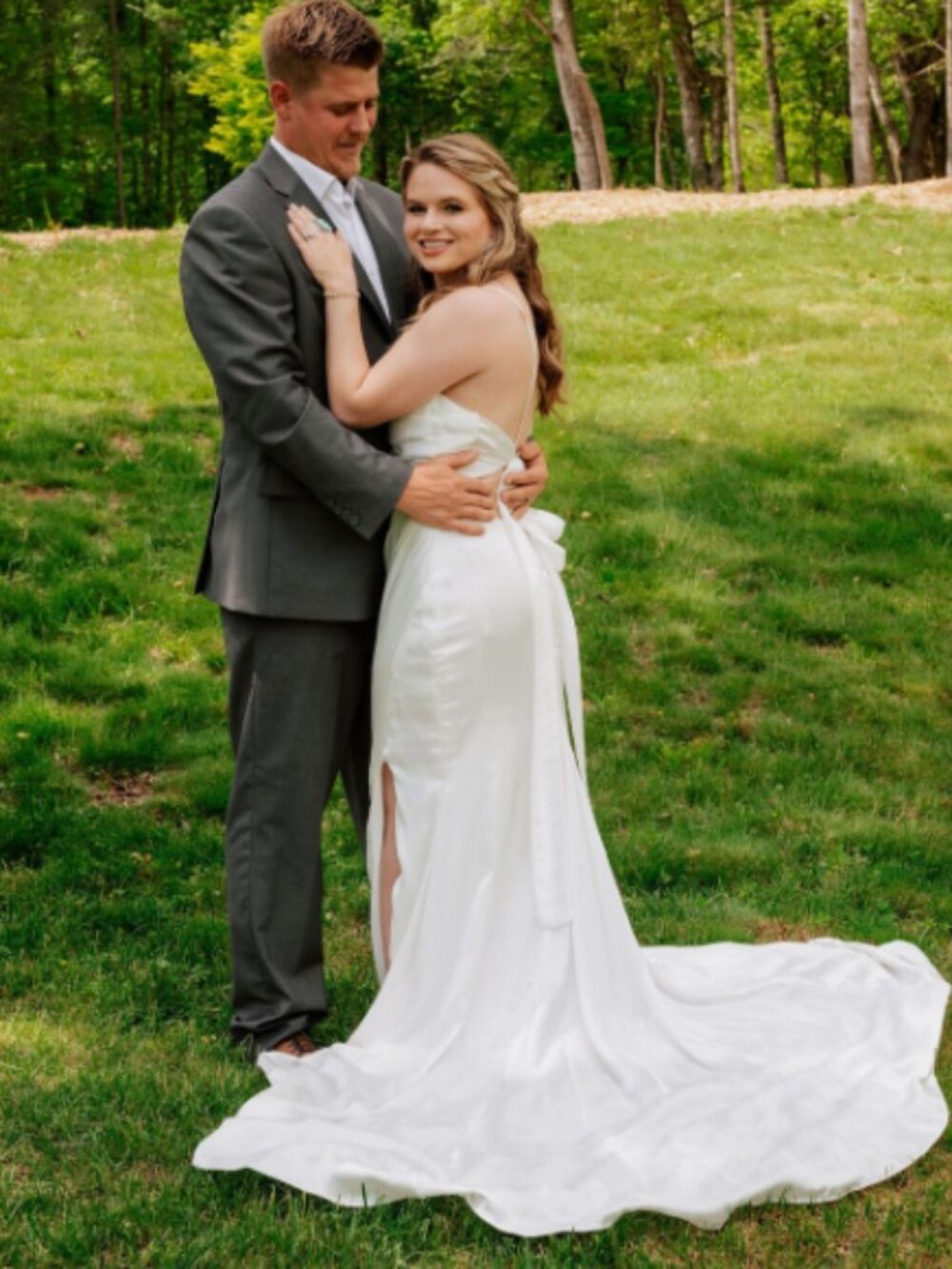 Satin Wedding Dress With Tie in the Back, Ruching and a slit